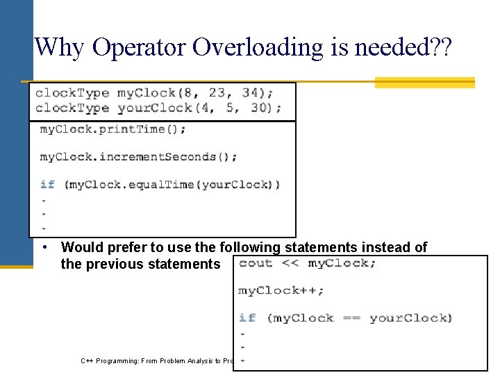 Why Operator Overloading is needed? ? • Would prefer to use the following statements Why Operator Overloading is needed? ? • Would prefer to use the following statements