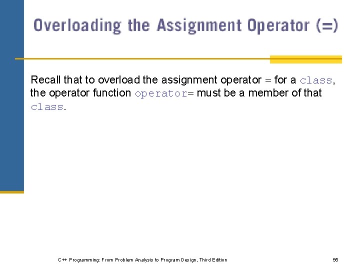Recall that to overload the assignment operator = for a class, the operator function Recall that to overload the assignment operator = for a class, the operator function