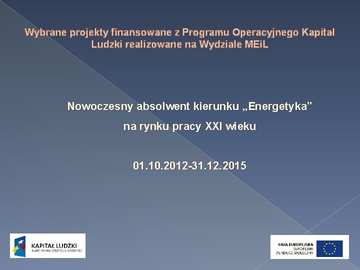 Wybrane projekty finansowane z Programu Operacyjnego Kapitał Ludzki realizowane na Wydziale MEi. L Nowoczesny