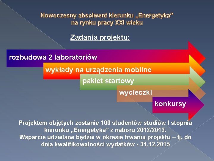 Nowoczesny absolwent kierunku „Energetyka” na rynku pracy XXI wieku Zadania projektu: rozbudowa 2 laboratoriów