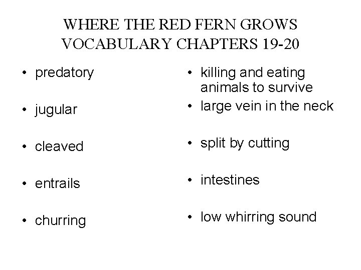 WHERE THE RED FERN GROWS VOCABULARY CHAPTERS 19 -20 • predatory • jugular •