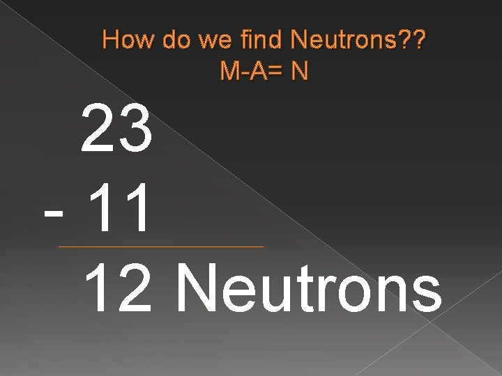 How do we find Neutrons? ? M-A= N 23 - 11 12 Neutrons 