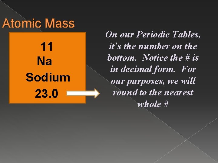 Atomic Mass 11 Na Sodium 23. 0 On our Periodic Tables, it’s the number