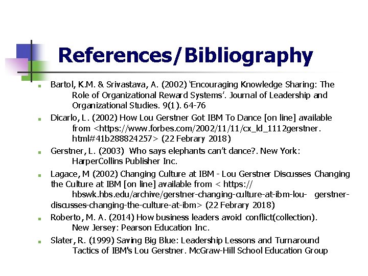 References/Bibliography ■ ■ ■ Bartol, K. M. & Srivastava, A. (2002) ‘Encouraging Knowledge Sharing: