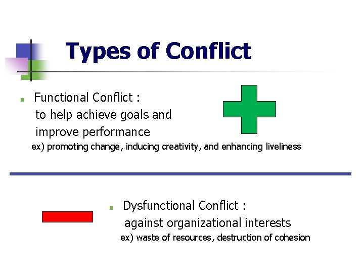 Types of Conflict ■ Functional Conflict : to help achieve goals and improve performance