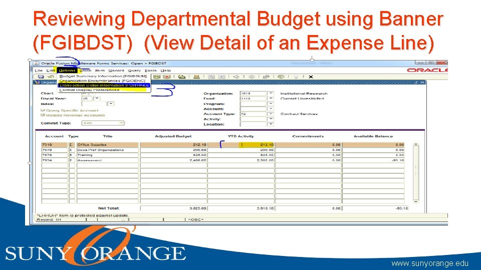 Reviewing Departmental Budget using Banner (FGIBDST) (View Detail of an Expense Line) www. sunyorange.