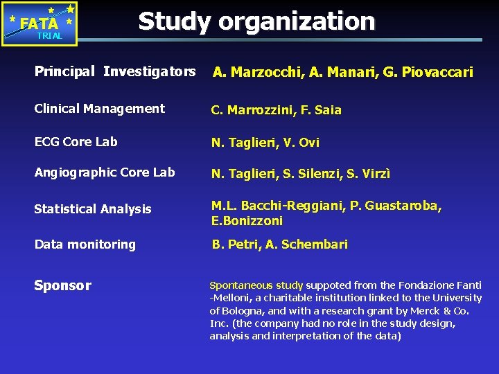 FATA TRIAL Study organization Principal Investigators A. Marzocchi, A. Manari, G. Piovaccari Clinical Management