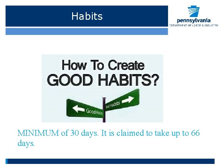 Habits MINIMUM of 30 days. It is claimed to take up to 66 days.