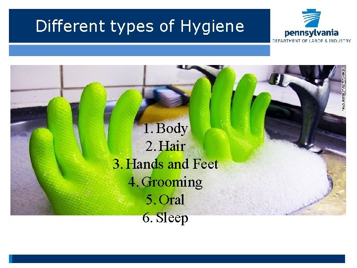 Different types of Hygiene 1. Body 2. Hair 3. Hands and Feet 4. Grooming