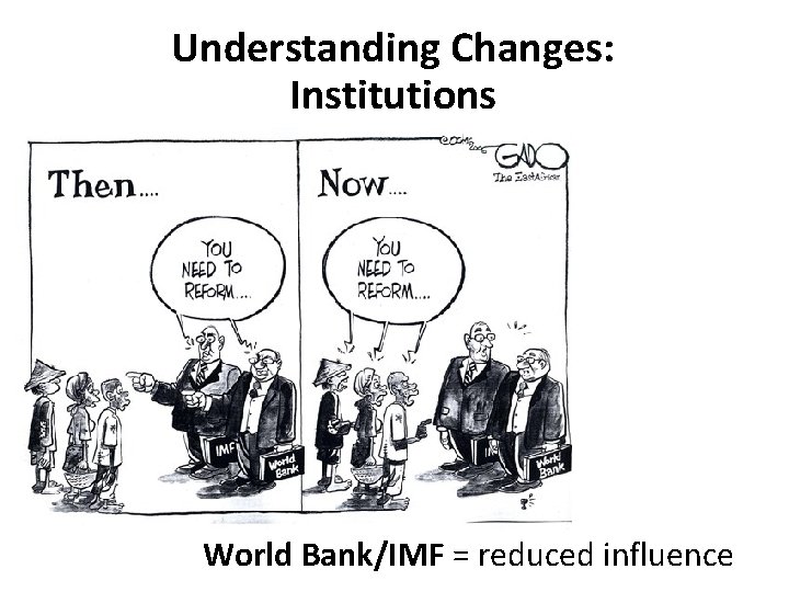 Understanding Changes: Institutions World Bank/IMF = reduced influence Understanding Changes: Institutions World Bank/IMF = reduced influence