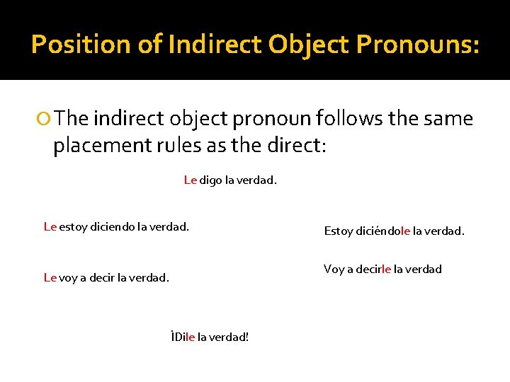 Position of Indirect Object Pronouns: The indirect object pronoun follows the same placement rules