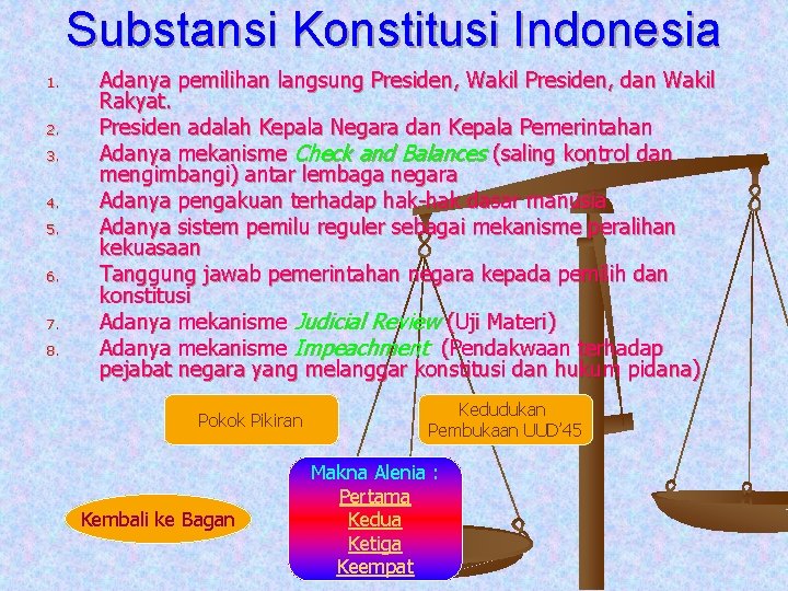 Substansi Konstitusi Indonesia 1. 2. 3. 4. 5. 6. 7. 8. Adanya pemilihan langsung