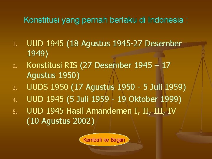 Konstitusi yang pernah berlaku di Indonesia : 1. 2. 3. 4. 5. UUD 1945