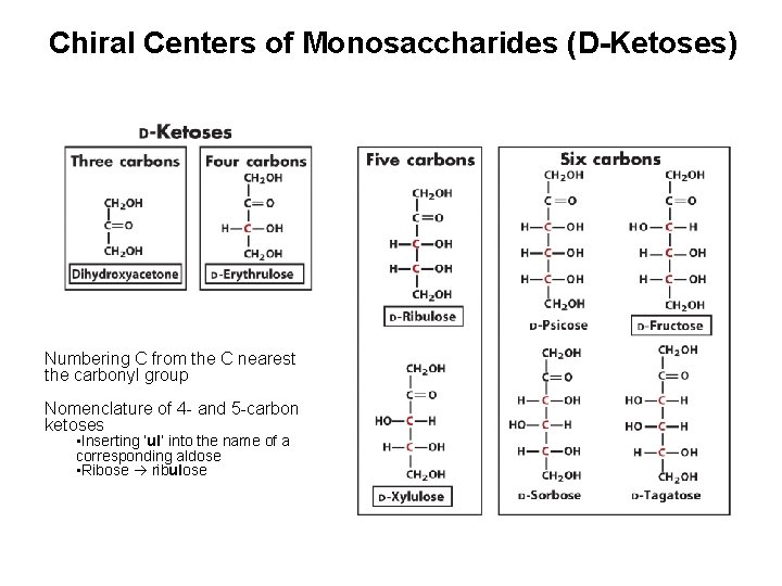 Chiral Centers of Monosaccharides (D-Ketoses) Numbering C from the C nearest the carbonyl group