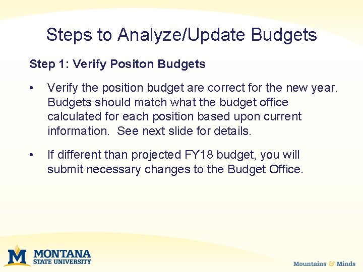 Steps to Analyze/Update Budgets Step 1: Verify Positon Budgets • Verify the position budget