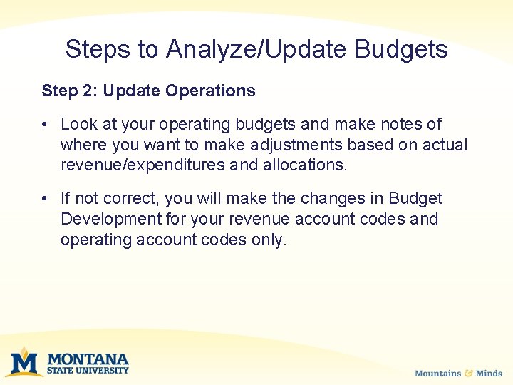 Steps to Analyze/Update Budgets Step 2: Update Operations • Look at your operating budgets