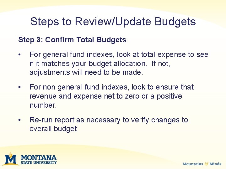Steps to Review/Update Budgets Step 3: Confirm Total Budgets • For general fund indexes,