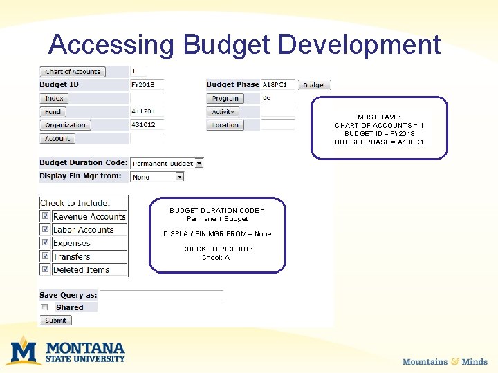 Accessing Budget Development MUST HAVE: CHART OF ACCOUNTS = 1 BUDGET ID = FY
