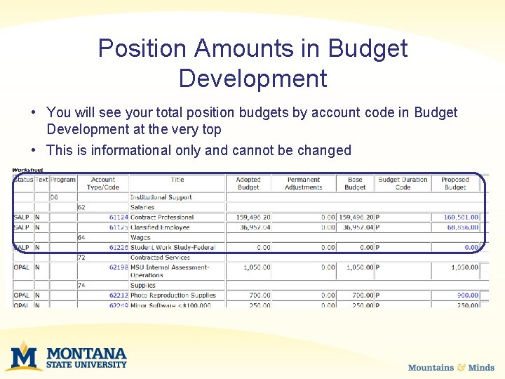 Position Amounts in Budget Development • You will see your total position budgets by
