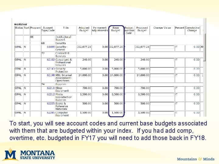 To start, you will see account codes and current base budgets associated with them