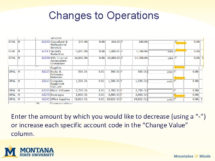 Changes to Operations Enter the amount by which you would like to decrease (using