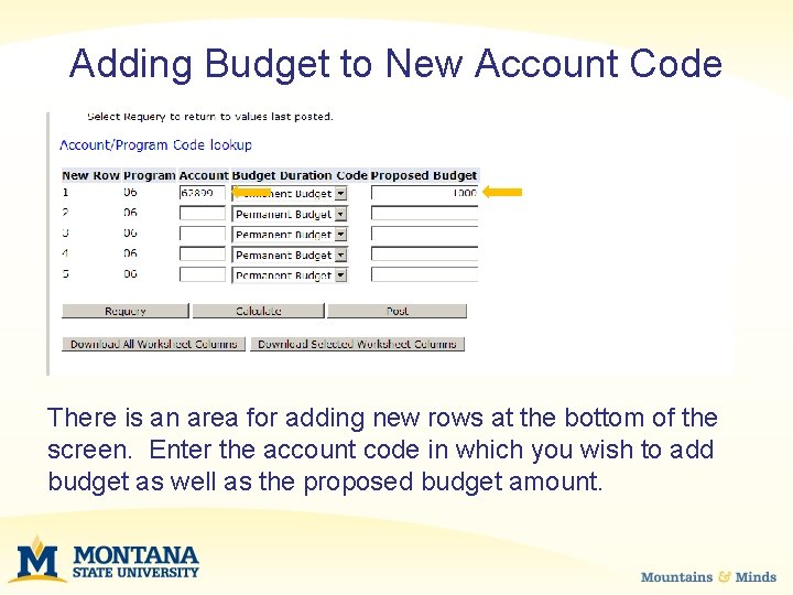 Adding Budget to New Account Code There is an area for adding new rows