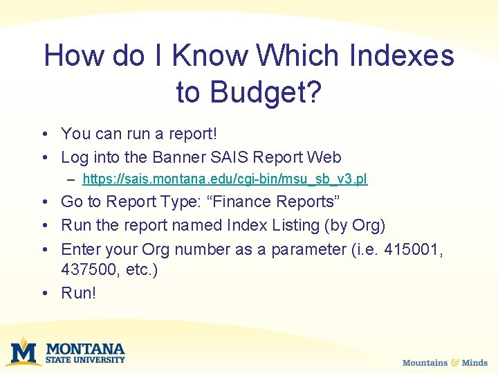 How do I Know Which Indexes to Budget? • You can run a report!