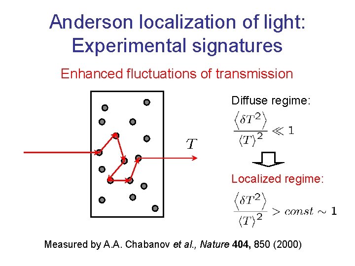 Anderson localization of light: Experimental signatures Enhanced fluctuations of transmission Diffuse regime: Localized regime: