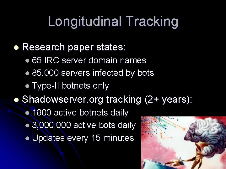 Longitudinal Tracking l Research paper states: l 65 IRC server domain names l 85,