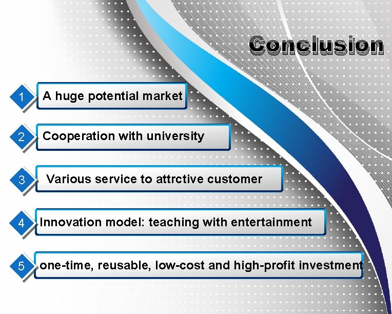 Conclusion 1 A huge potential market 2 Cooperation with university 3 Various service to