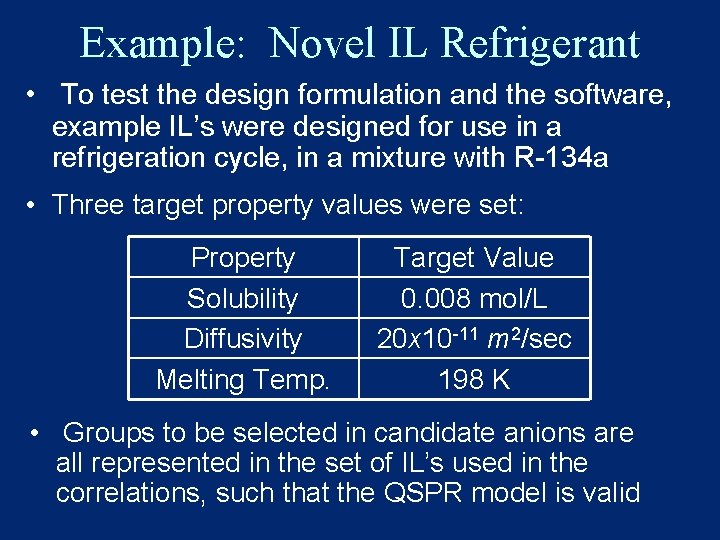 Example: Novel IL Refrigerant • To test the design formulation and the software, example