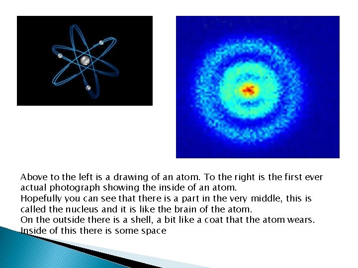 Above to the left is a drawing of an atom. To the right is