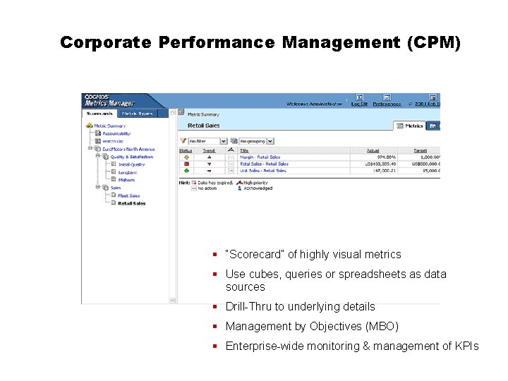 Corporate Performance Management (CPM) § “Scorecard” of highly visual metrics § Use cubes, queries