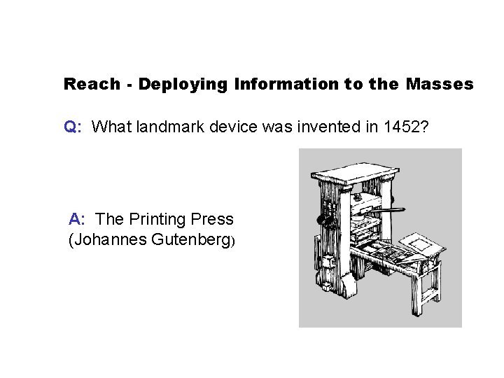 Reach - Deploying Information to the Masses Q: What landmark device was invented in