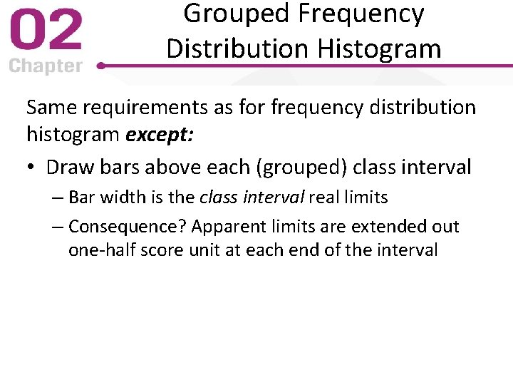 Grouped Frequency Distribution Histogram Same requirements as for frequency distribution histogram except: • Draw