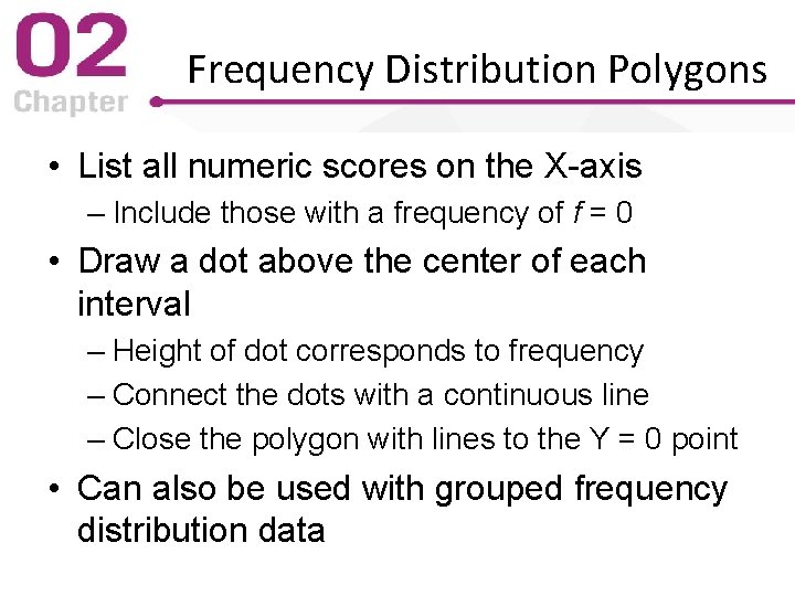 Frequency Distribution Polygons • List all numeric scores on the X-axis – Include those