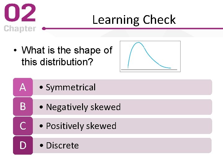 Learning Check • What is the shape of this distribution? A • Symmetrical B