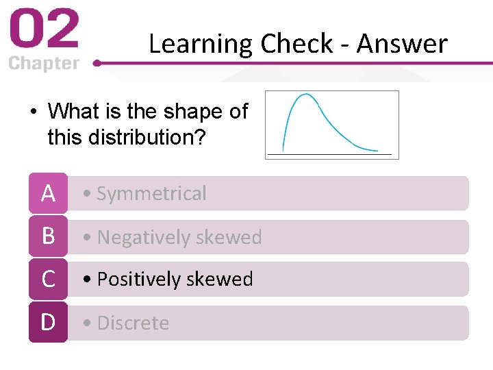 Learning Check - Answer • What is the shape of this distribution? A •