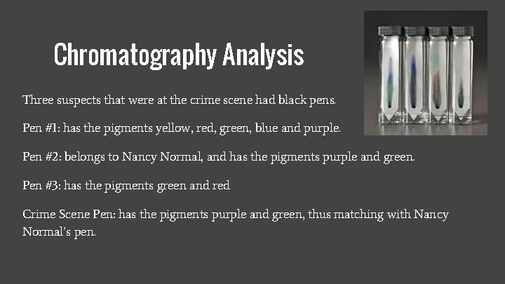 Chromatography Analysis Three suspects that were at the crime scene had black pens. Pen
