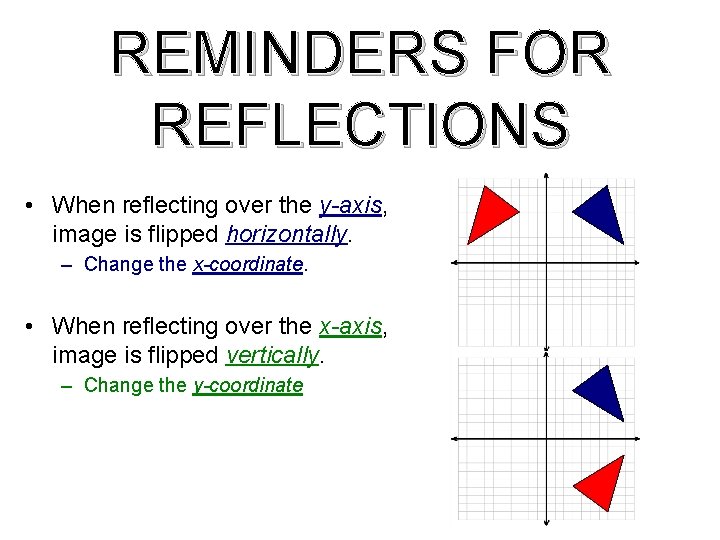 REMINDERS FOR REFLECTIONS • When reflecting over the y-axis, image is flipped horizontally. –