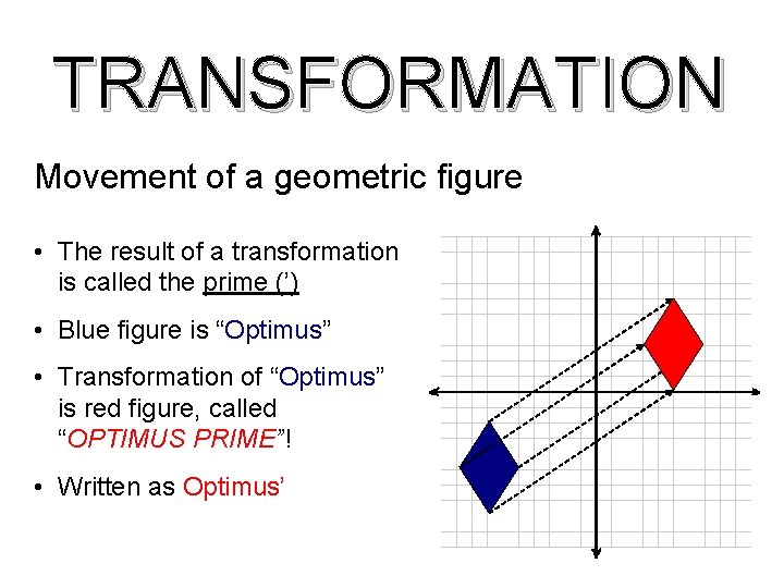 TRANSFORMATION Movement of a geometric figure • The result of a transformation is called