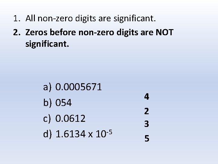 1. All non-zero digits are significant. 2. Zeros before non-zero digits are NOT significant.