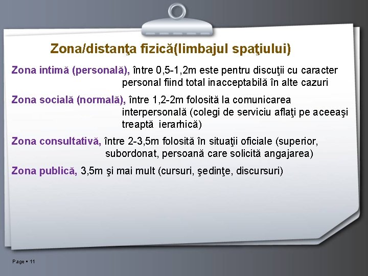 Zona/distanţa fizică(limbajul spaţiului) Zona intimă (personală), între 0, 5 -1, 2 m este pentru