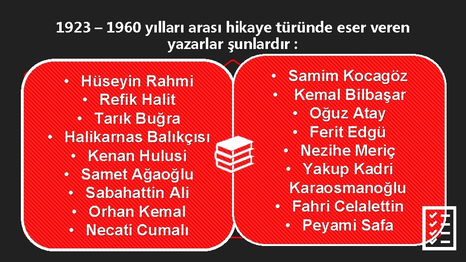 1923 – 1960 yılları arası hikaye türünde eser veren yazarlar şunlardır : • Hüseyin