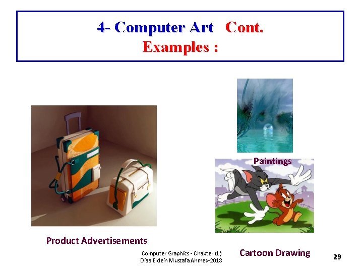 4 - Computer Art Cont. Examples : Paintings Product Advertisements Computer Graphics - Chapter