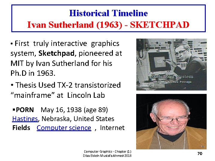 Historical Timeline Ivan Sutherland (1963) - SKETCHPAD • First truly interactive graphics system, Sketchpad,