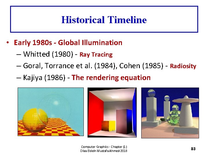 Historical Timeline • Early 1980 s - Global Illumination – Whitted (1980) - Ray