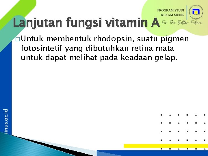 Lanjutan fungsi vitamin A � Untuk membentuk rhodopsin, suatu pigmen fotosintetif yang dibutuhkan retina