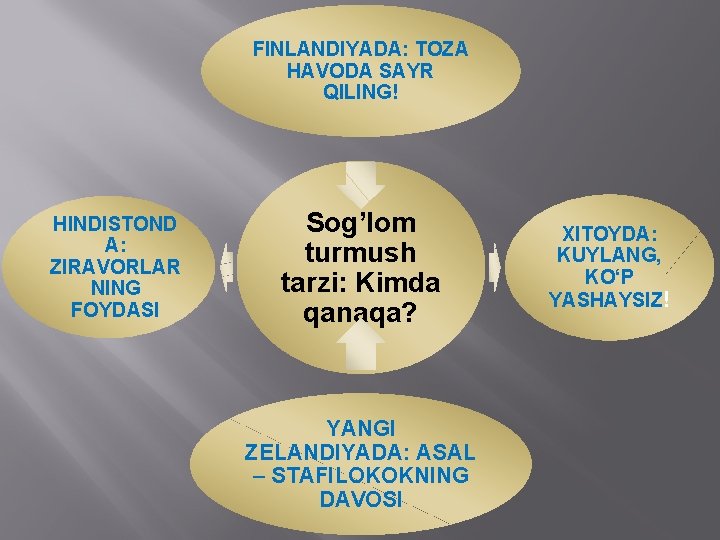 FINLANDIYADA: TOZA HAVODA SAYR QILING! HINDISTOND A: ZIRAVORLAR NING FOYDASI Sog’lom turmush tarzi: Kimda