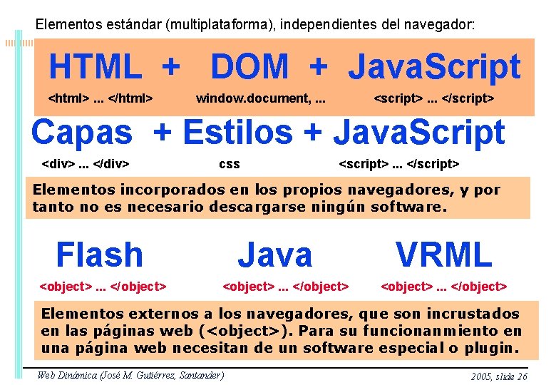 Elementos estándar (multiplataforma), independientes del navegador: HTML Dinámico (Cliente) HTML + DOM + Java.